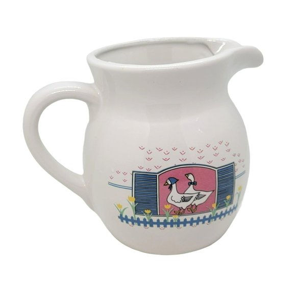 Rare Pottery Pitcher Water Jug hand made field landscape with two ducks Creme - Picture 1 of 7